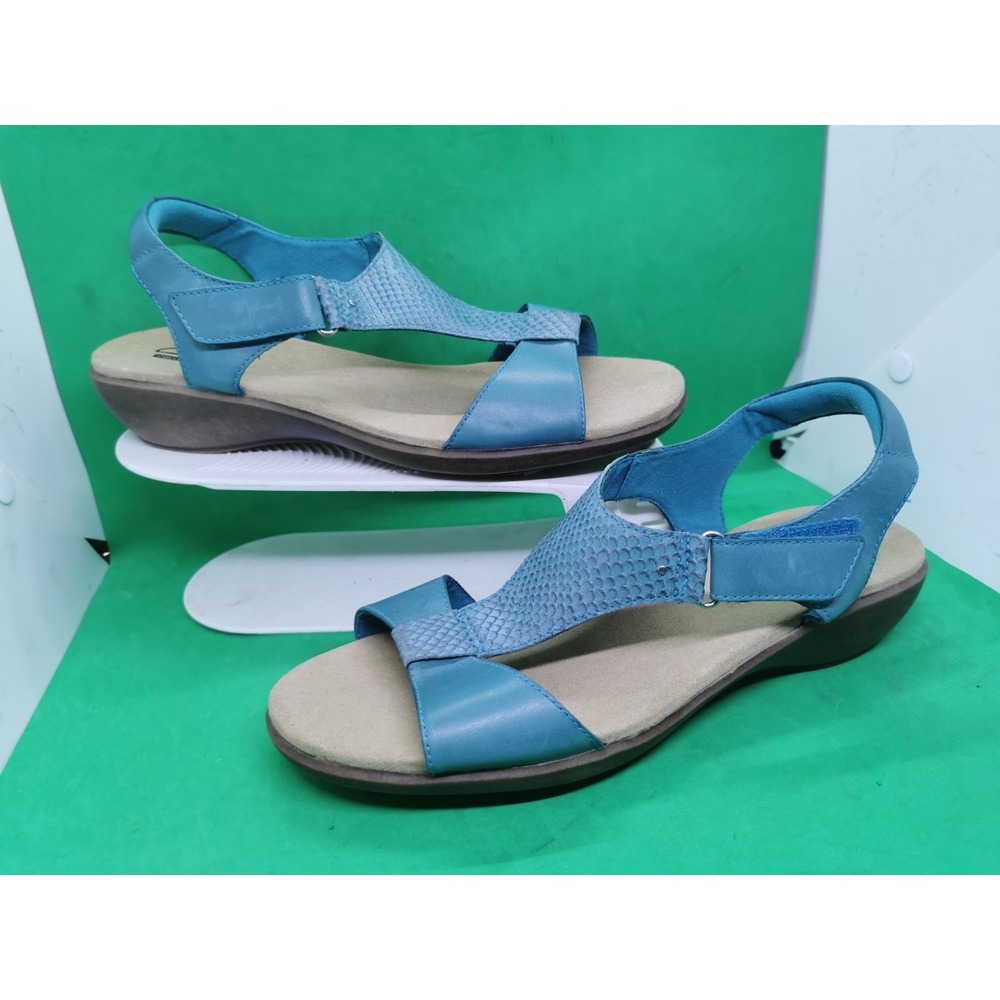 WOMEN'S CLARKS BLUE LEATHER T- SLINGBACK SANDALS 10 M 15260
